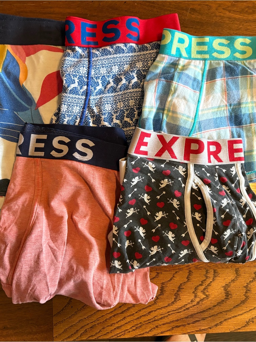 Express Men's Colorful Patterned Boxer Briefs with Branded Waistbands 5 total.